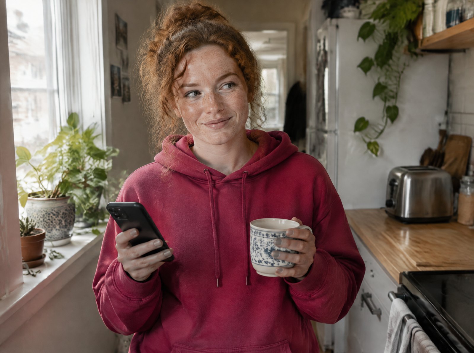 Femme soulagée avec son téléphone dans sa cuisine