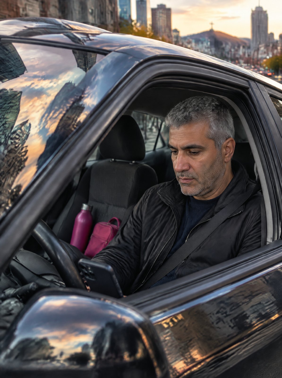 Chauffeur consultant son téléphone dans sa voiture